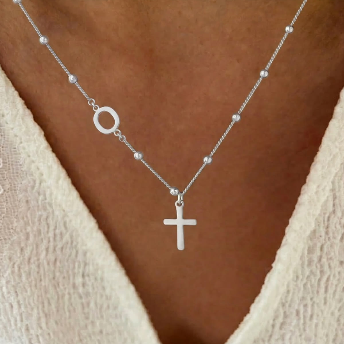 Beaded Chain Custom A-Z Initial Letter Side Charm Cross Pendant Necklace: Timeless Emblem of Gentle Heavenly Guardianship