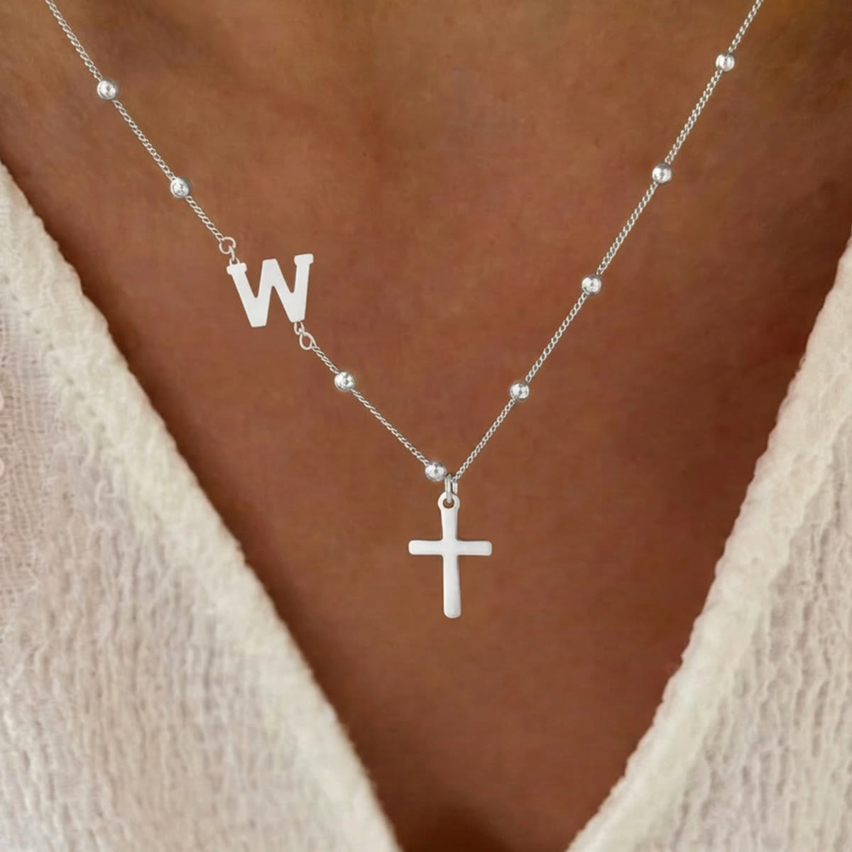 Beaded Chain Custom A-Z Initial Letter Side Charm Cross Pendant Necklace: Timeless Emblem of Gentle Heavenly Guardianship