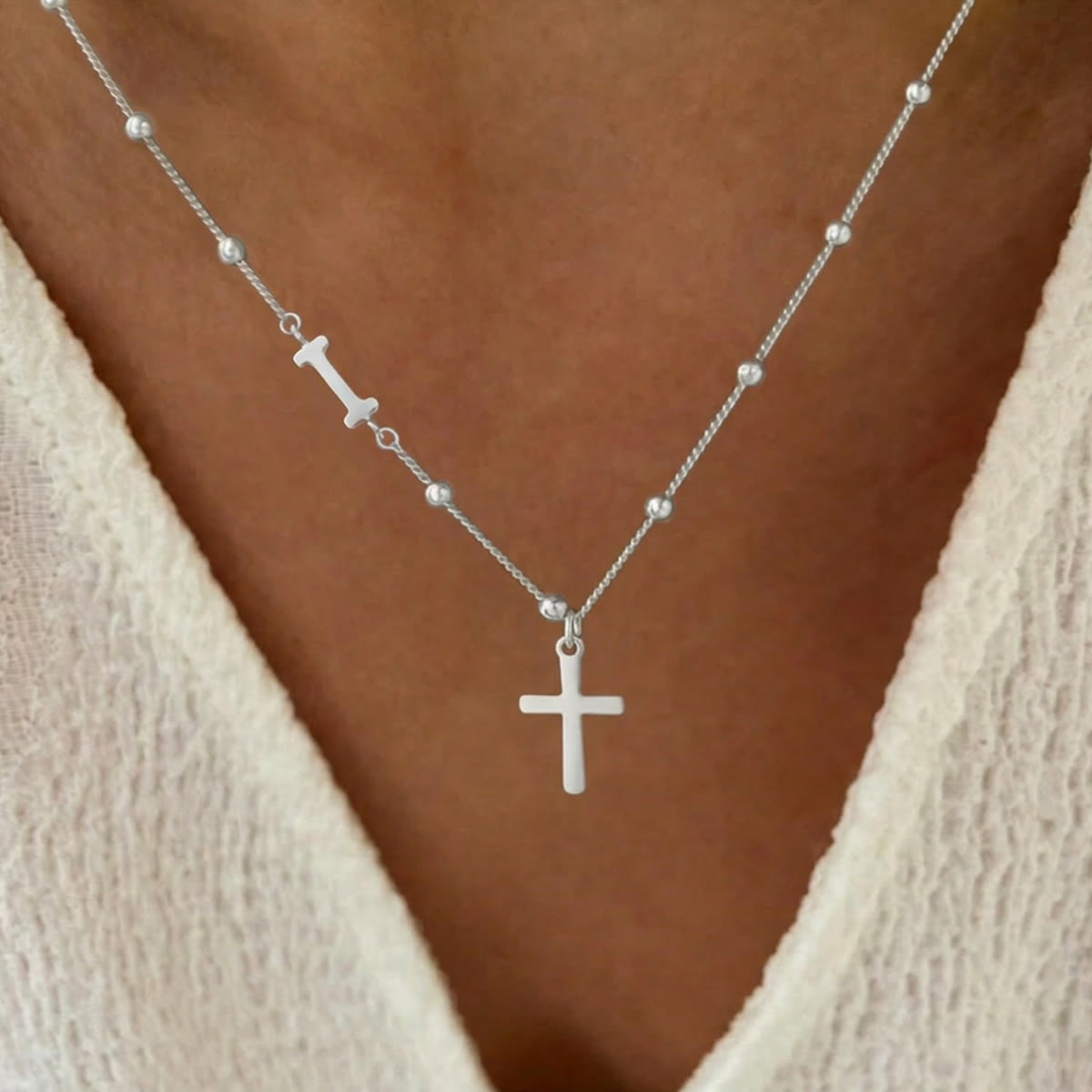 Beaded Chain Custom A-Z Initial Letter Side Charm Cross Pendant Necklace: Timeless Emblem of Gentle Heavenly Guardianship