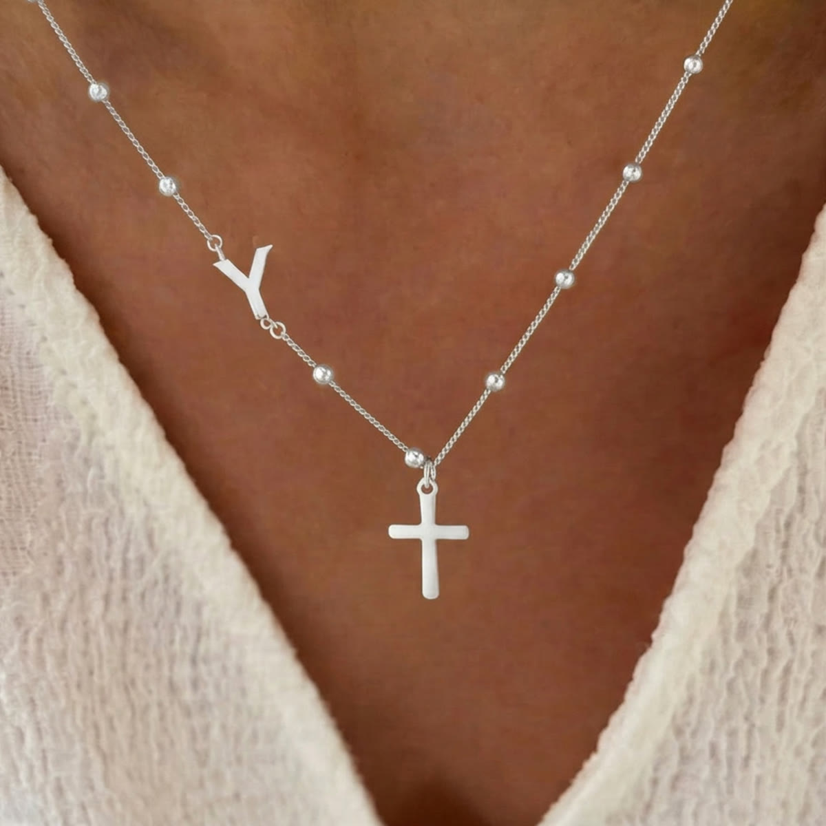 Beaded Chain Custom A-Z Initial Letter Side Charm Cross Pendant Necklace: Timeless Emblem of Gentle Heavenly Guardianship