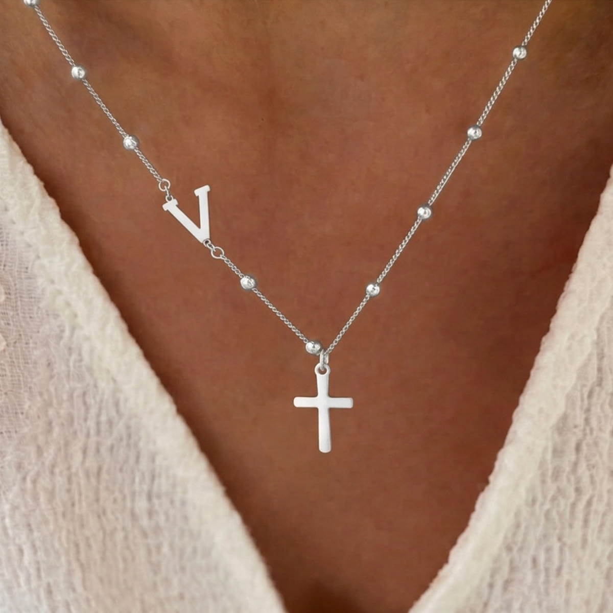 Beaded Chain Custom A-Z Initial Letter Side Charm Cross Pendant Necklace: Timeless Emblem of Gentle Heavenly Guardianship