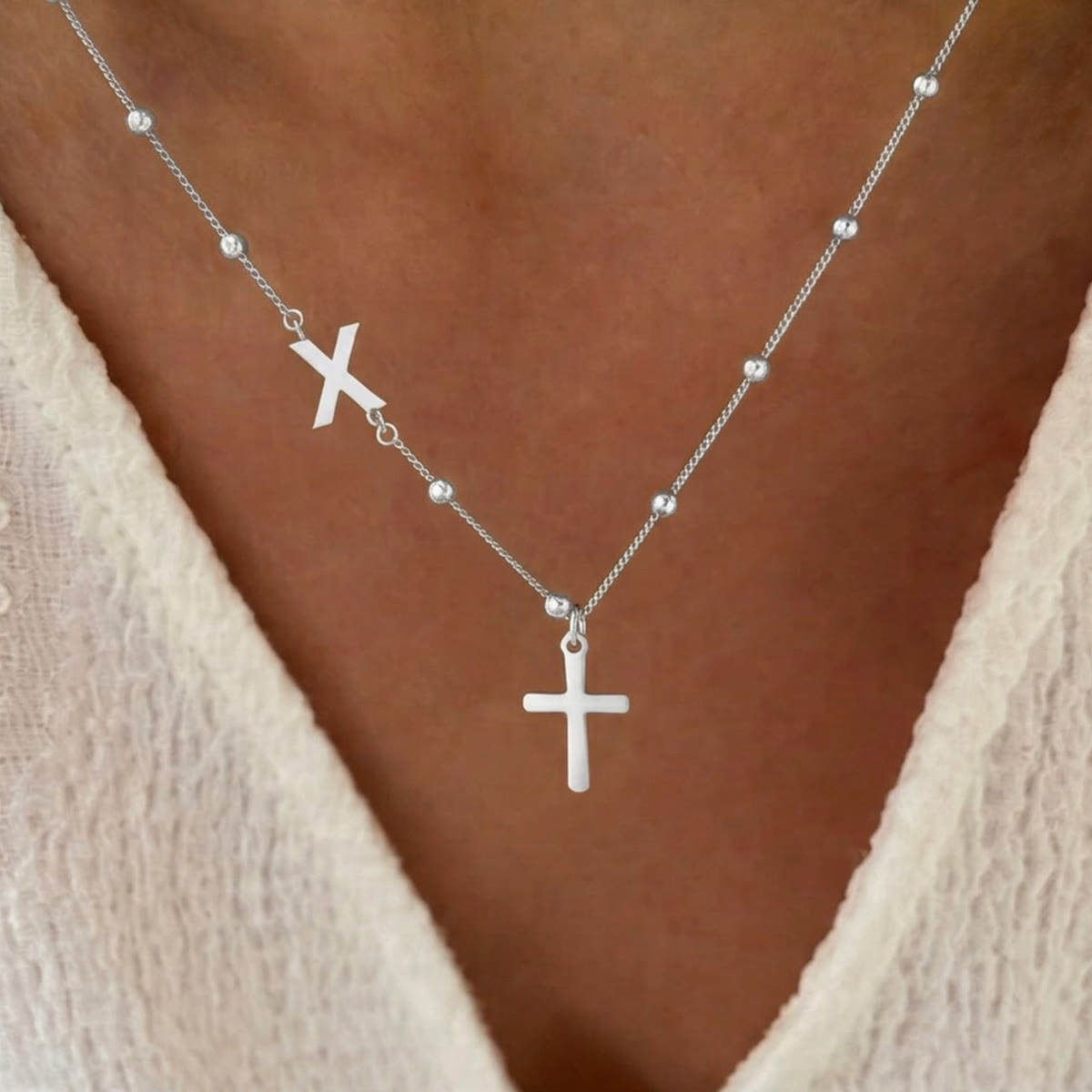 Beaded Chain Custom A-Z Initial Letter Side Charm Cross Pendant Necklace: Timeless Emblem of Gentle Heavenly Guardianship