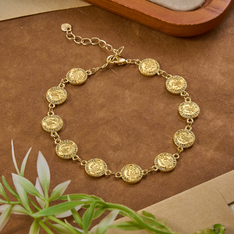 St. Benedict Medal Sparkling Rim Embossed Link Bracelet: Timeless Emblem of Gentle Heavenly Guardianship