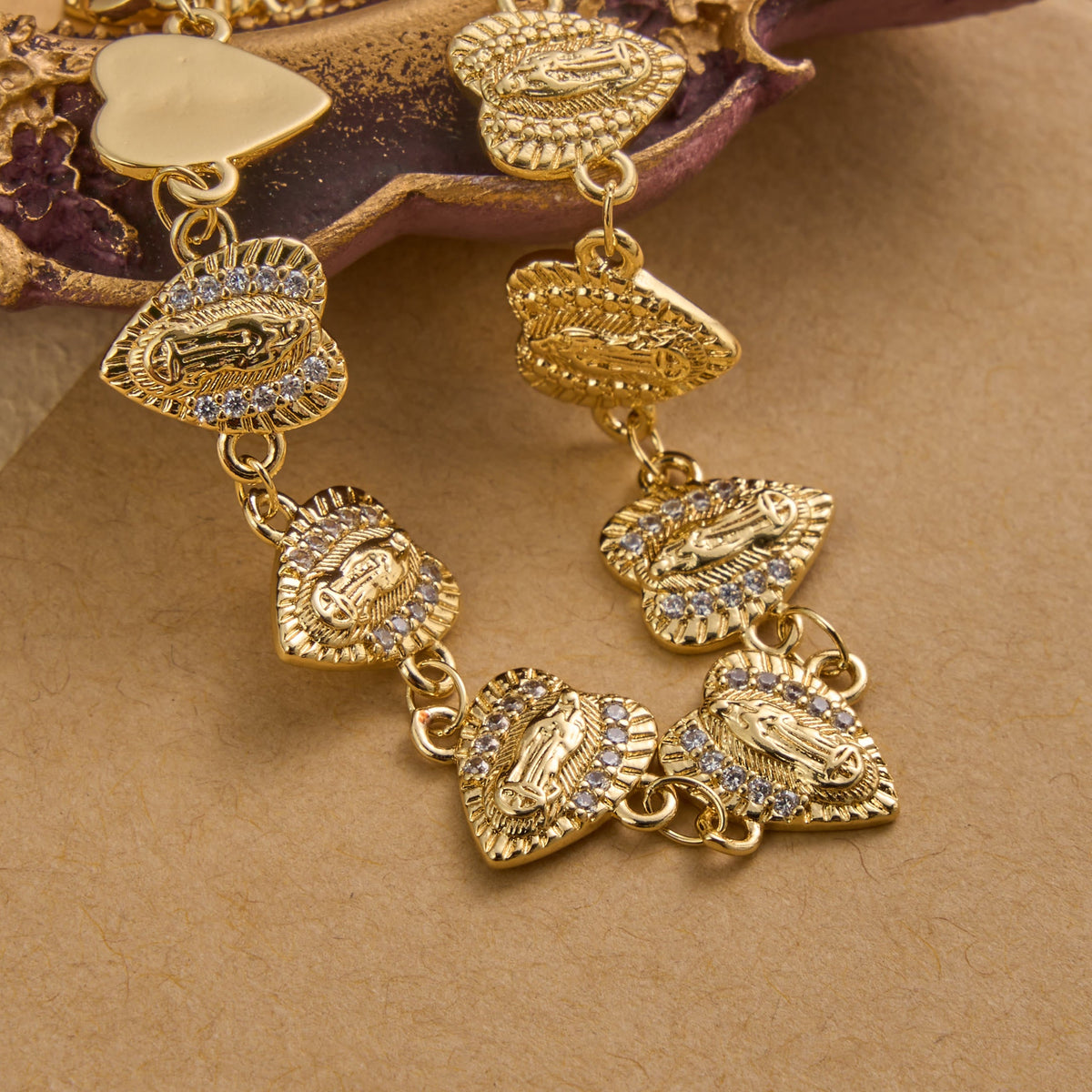 Our Lady of Guadalupe Heart Shaped Medallion Sparkle Trim Link Bracelet: Timeless Emblem of Gentle Heavenly Guardianship