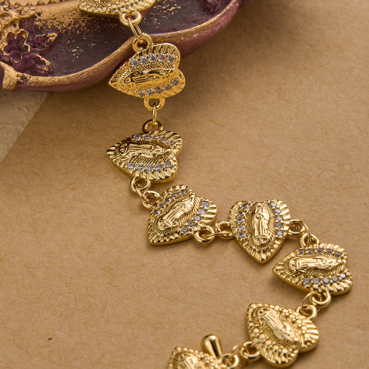 Our Lady of Guadalupe Heart Shaped Medallion Sparkle Trim Link Bracelet: Timeless Emblem of Gentle Heavenly Guardianship