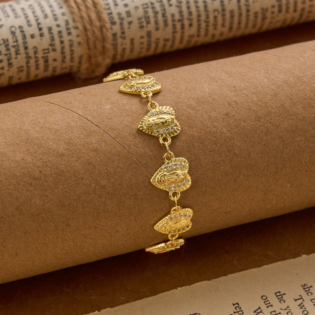 Our Lady of Guadalupe Heart Shaped Medallion Sparkle Trim Link Bracelet: Timeless Emblem of Gentle Heavenly Guardianship