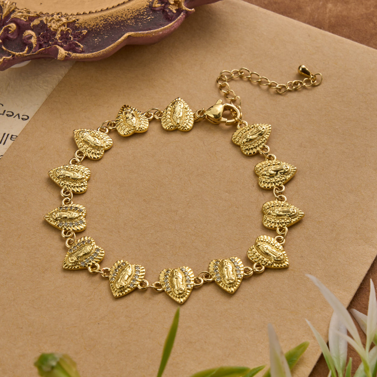 Our Lady of Guadalupe Heart Shaped Medallion Sparkle Trim Link Bracelet: Timeless Emblem of Gentle Heavenly Guardianship