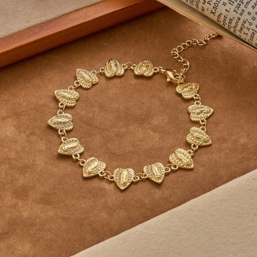 Our Lady of Guadalupe Heart Shaped Medallion Sparkle Trim Link Bracelet: Timeless Emblem of Gentle Heavenly Guardianship