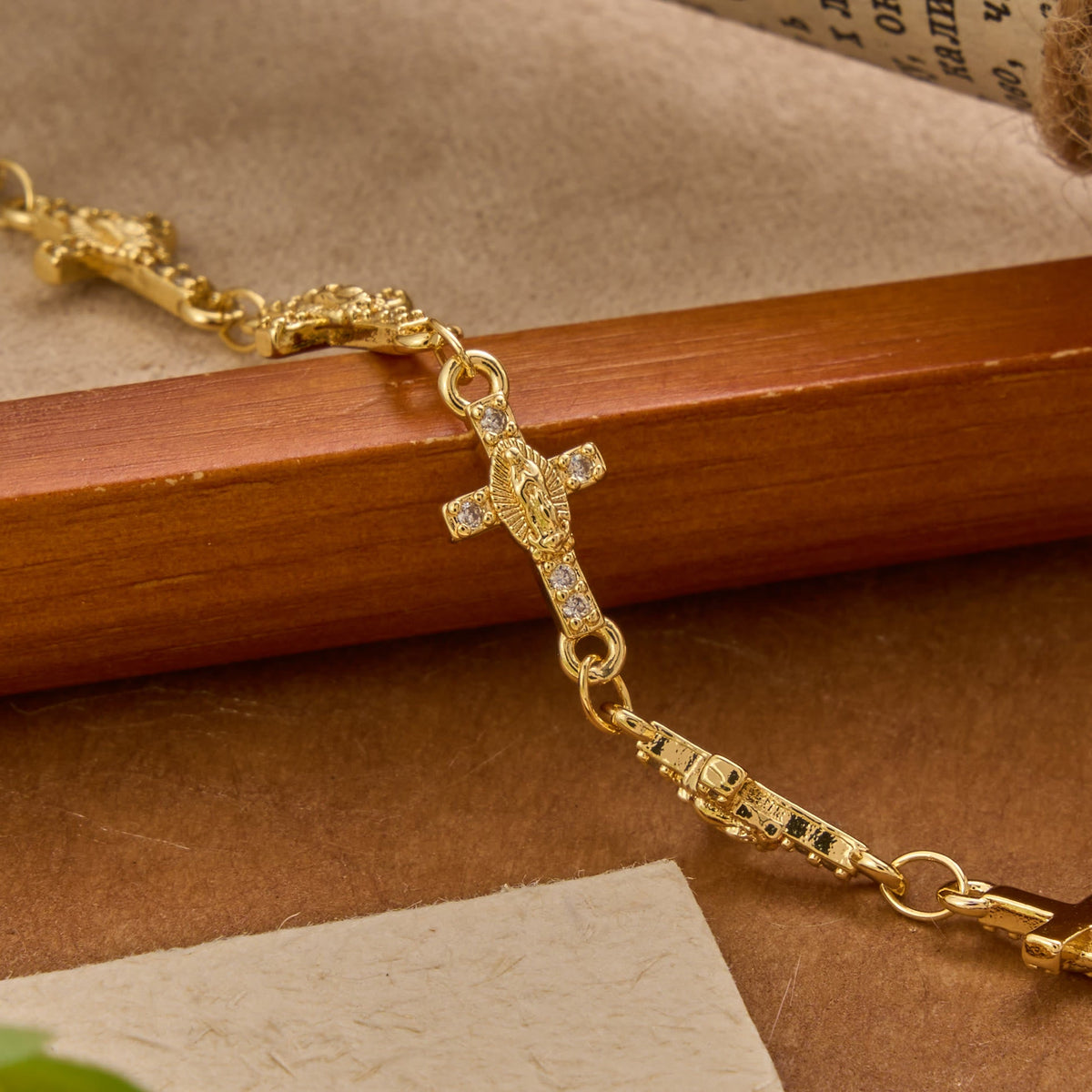 Our Lady of Guadalupe Inlaid Cross Sparkle Accent Link Bracelet: Timeless Emblem of Gentle Heavenly Guardianship