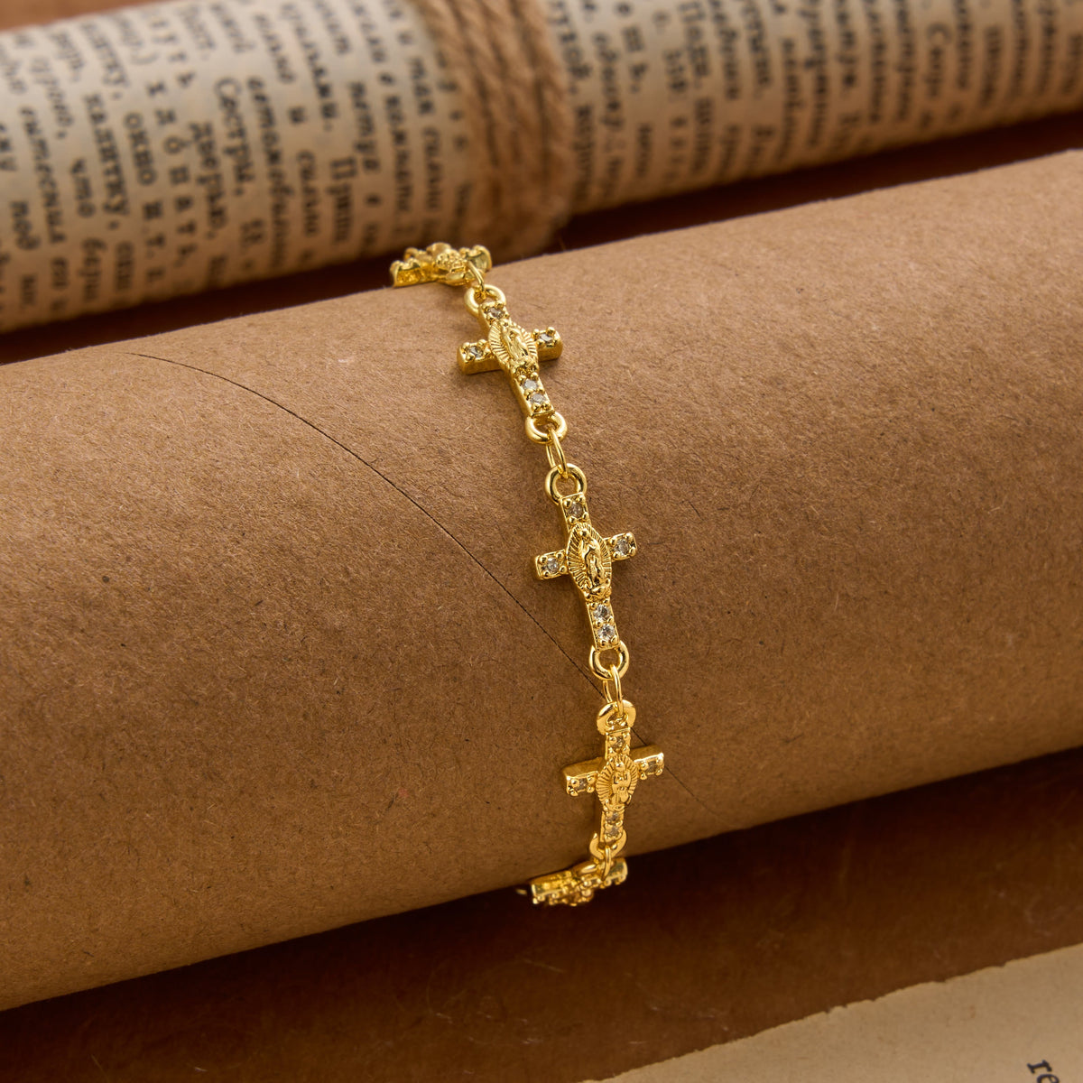 Our Lady of Guadalupe Inlaid Cross Sparkle Accent Link Bracelet: Timeless Emblem of Gentle Heavenly Guardianship