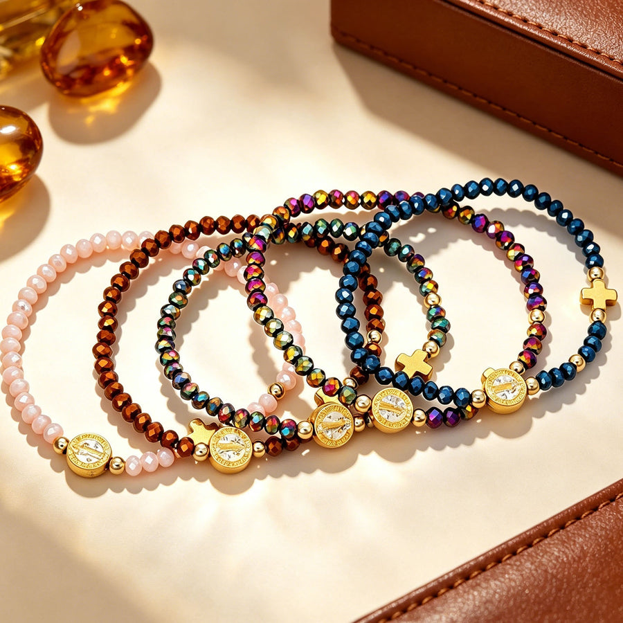 Saint Benedict Medal Cross Multi-Tone Bead Stretch Bracelet: Timeless Emblem of Gentle Heavenly Guardianship