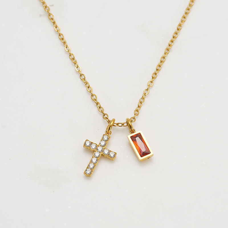 Custom Birth Month Rectangular Stone & Sparkle Cross Dual Charm Necklace: Timeless Emblem of Gentle Heavenly Guardianship