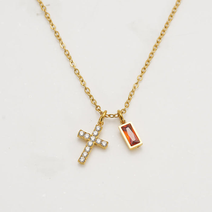 Custom Birth Month Rectangular Stone & Sparkle Cross Dual Charm Necklace: Timeless Emblem of Gentle Heavenly Guardianship