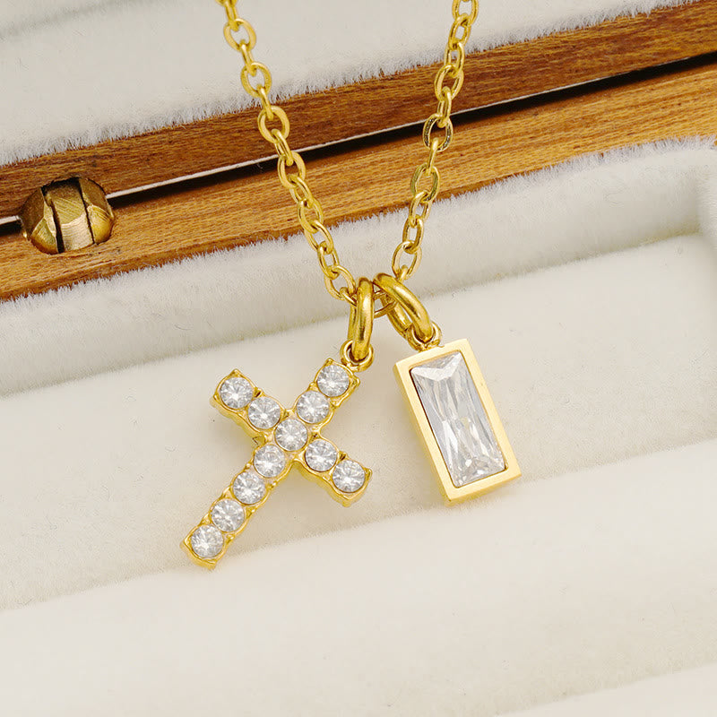 Custom Birth Month Rectangular Stone & Sparkle Cross Dual Charm Necklace: Timeless Emblem of Gentle Heavenly Guardianship