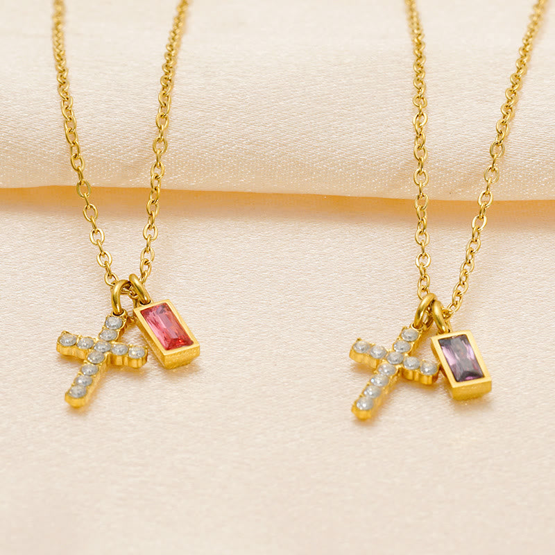 Custom Birth Month Rectangular Stone & Sparkle Cross Dual Charm Necklace: Timeless Emblem of Gentle Heavenly Guardianship