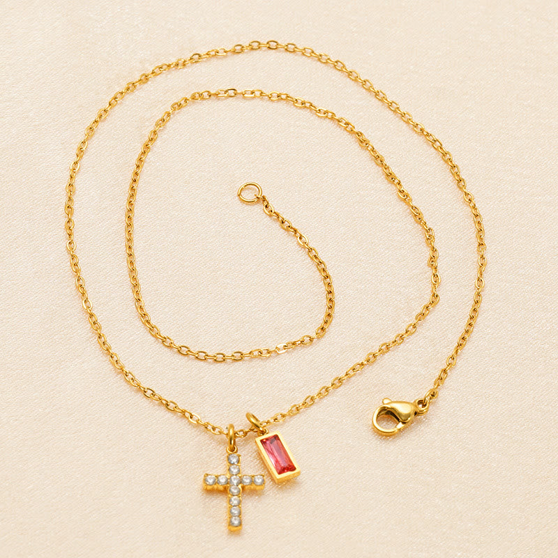 Custom Birth Month Rectangular Stone & Sparkle Cross Dual Charm Necklace: Timeless Emblem of Gentle Heavenly Guardianship
