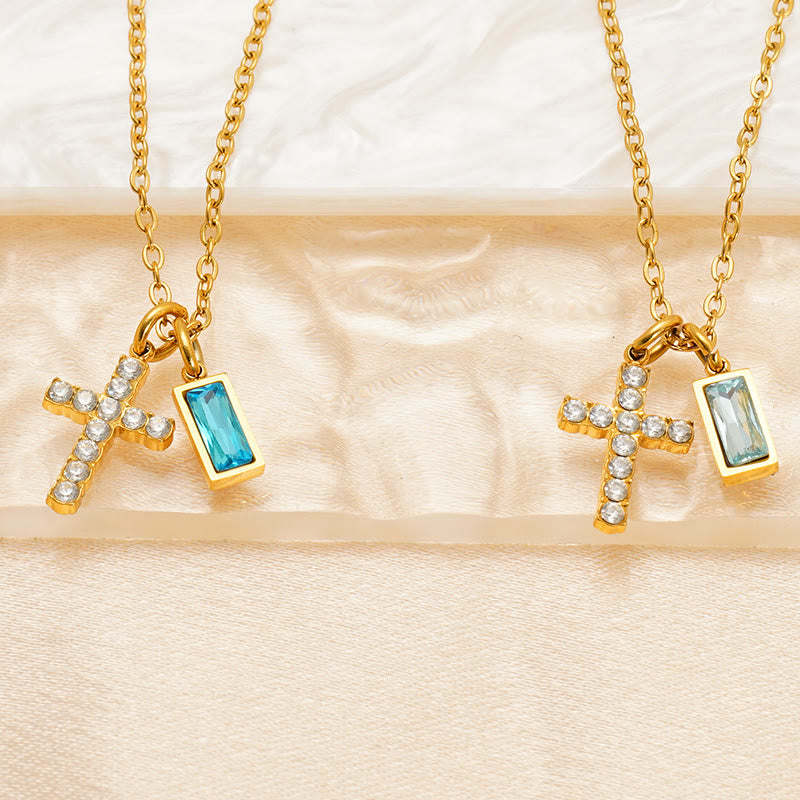 Custom Birth Month Rectangular Stone & Sparkle Cross Dual Charm Necklace: Timeless Emblem of Gentle Heavenly Guardianship