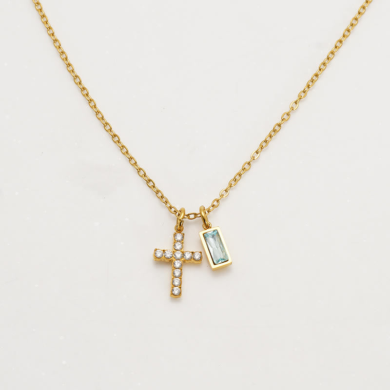 Custom Birth Month Rectangular Stone & Sparkle Cross Dual Charm Necklace: Timeless Emblem of Gentle Heavenly Guardianship