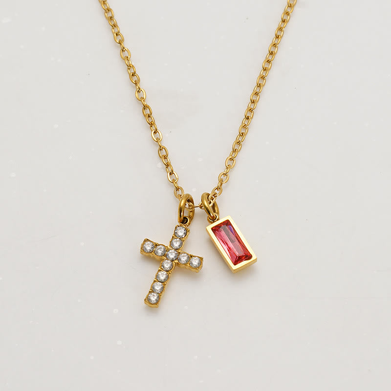 Custom Birth Month Rectangular Stone & Sparkle Cross Dual Charm Necklace: Timeless Emblem of Gentle Heavenly Guardianship