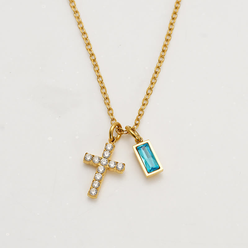 Custom Birth Month Rectangular Stone & Sparkle Cross Dual Charm Necklace: Timeless Emblem of Gentle Heavenly Guardianship