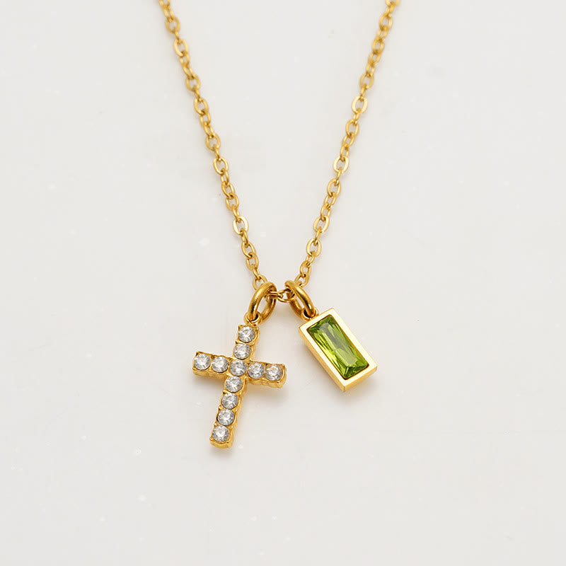 Custom Birth Month Rectangular Stone & Sparkle Cross Dual Charm Necklace: Timeless Emblem of Gentle Heavenly Guardianship