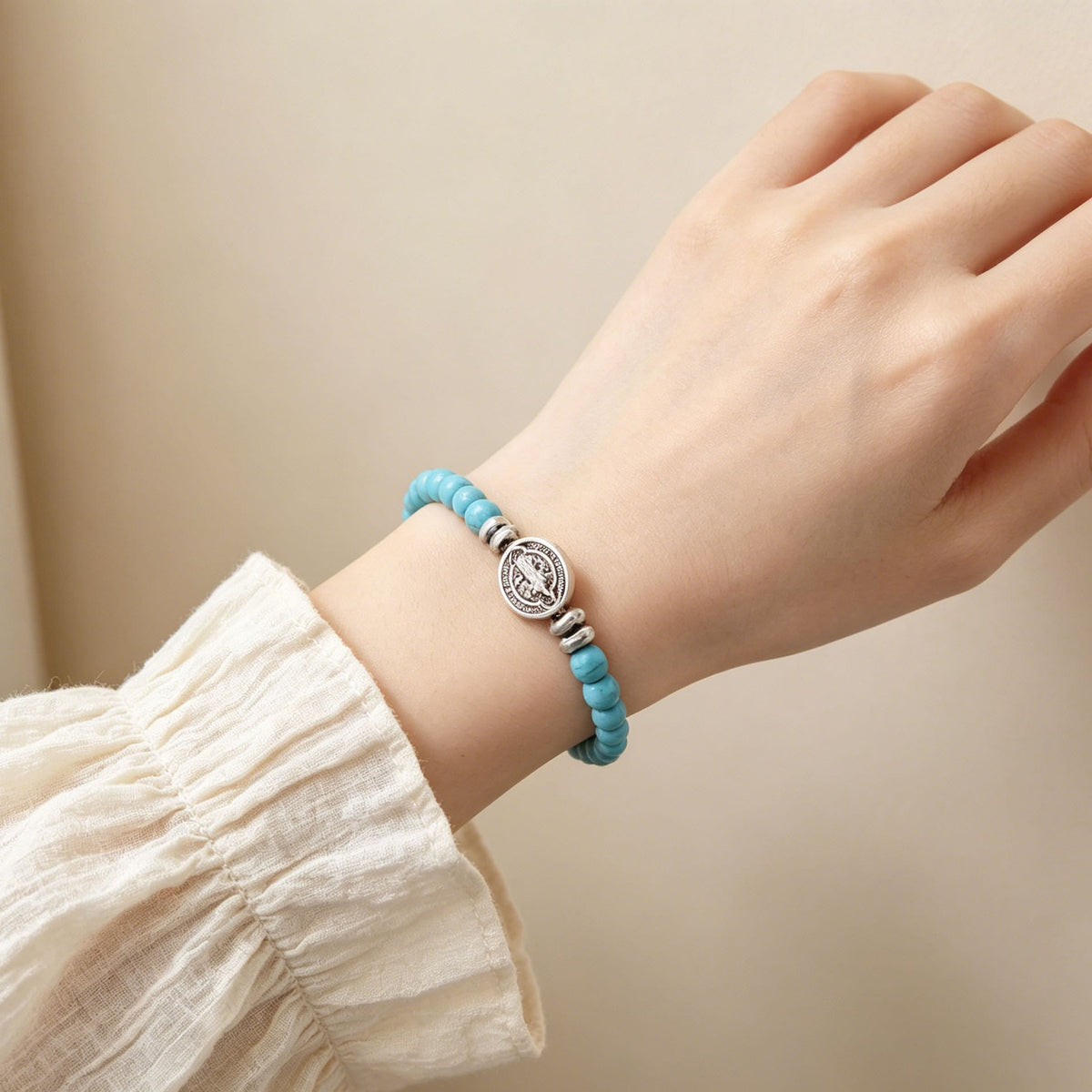 Saint Benedict Medal Natural Stone Bead Single Stretch Stackable Bracelet: Timeless Emblem of Gentle Heavenly Guardianship