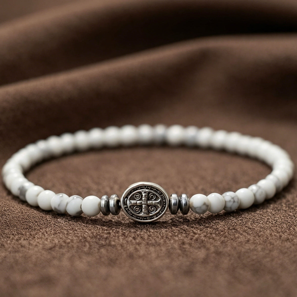 Saint Benedict Medal Natural Stone Bead Single Stretch Stackable Bracelet: Timeless Emblem of Gentle Heavenly Guardianship