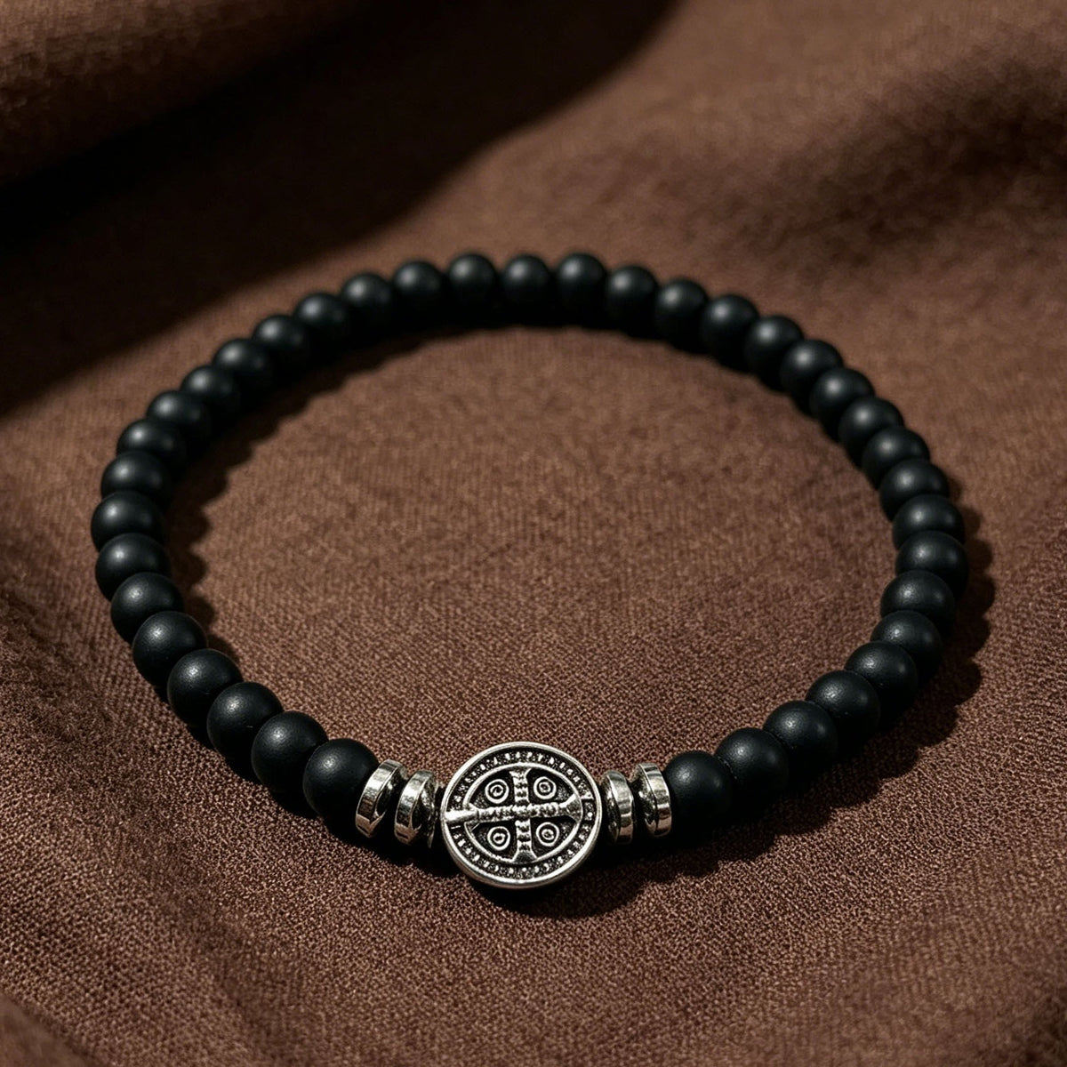 Saint Benedict Medal Natural Stone Bead Single Stretch Stackable Bracelet: Timeless Emblem of Gentle Heavenly Guardianship