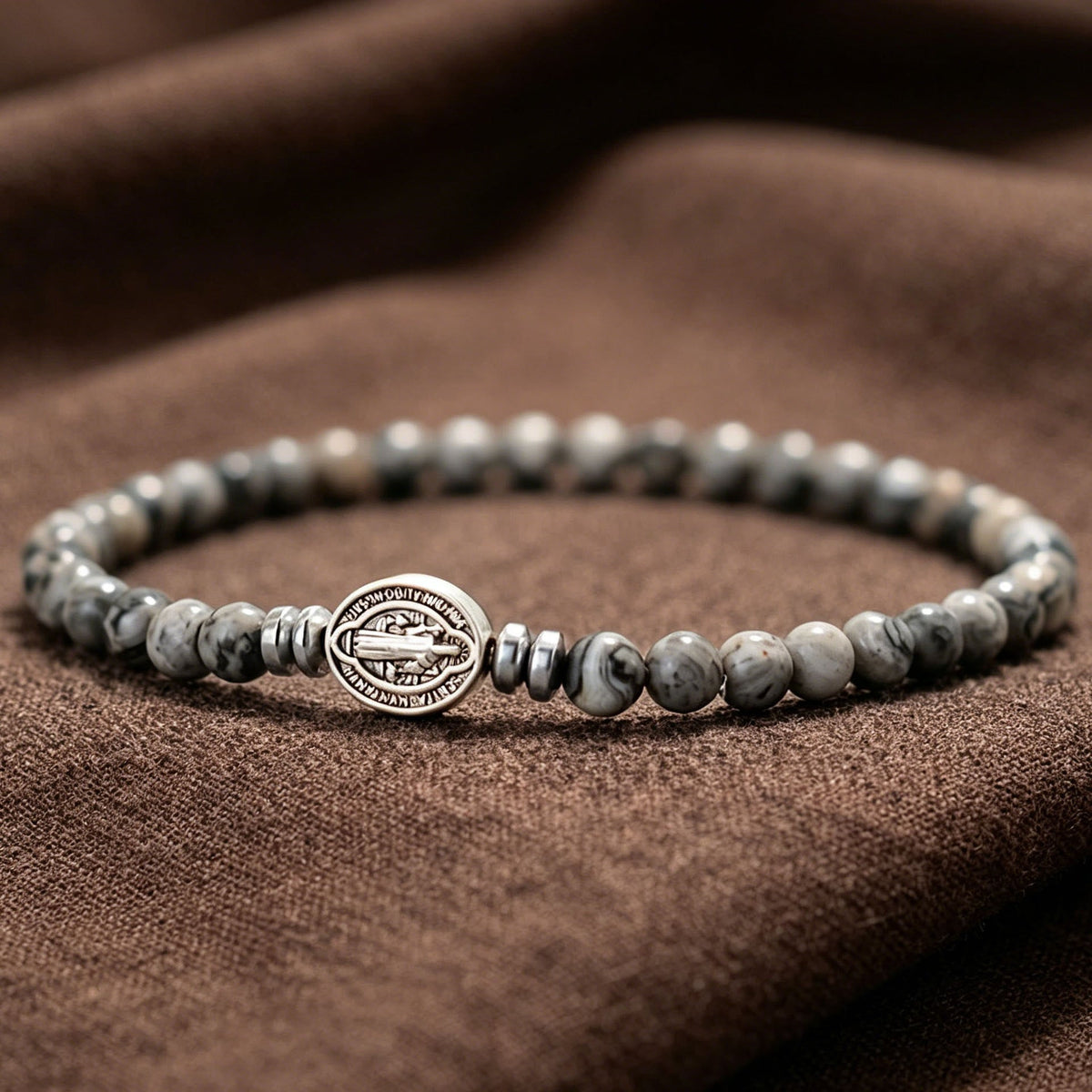 Saint Benedict Medal Natural Stone Bead Single Stretch Stackable Bracelet: Timeless Emblem of Gentle Heavenly Guardianship
