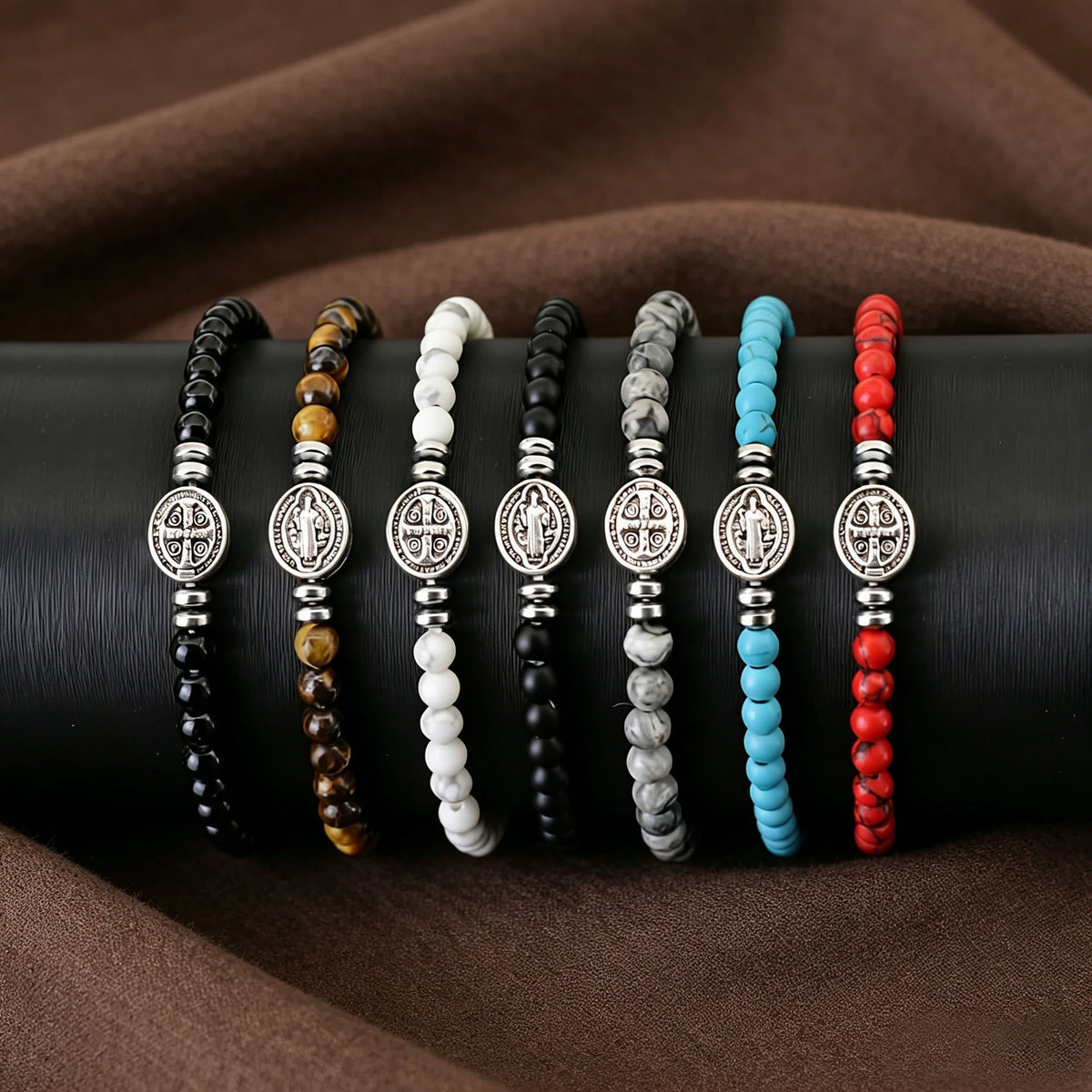 Saint Benedict Medal Natural Stone Bead Single Stretch Stackable Bracelet: Timeless Emblem of Gentle Heavenly Guardianship