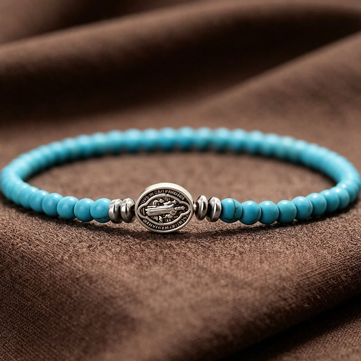 Saint Benedict Medal Natural Stone Bead Single Stretch Stackable Bracelet: Timeless Emblem of Gentle Heavenly Guardianship