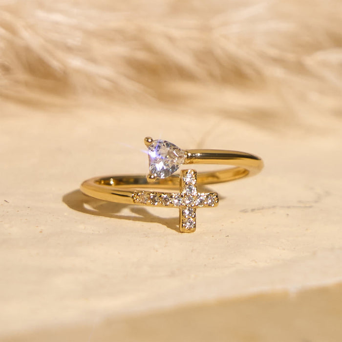 Two-Color Adjustable Ring with Paved Cross & Heart Zircon Accents: A Reminder of Sacred Grace