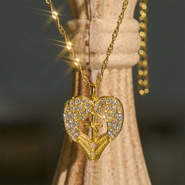 Zircon-Encrusted Heart Cross Necklace with Angel Wings: A Symbol of Divine Love & Grace