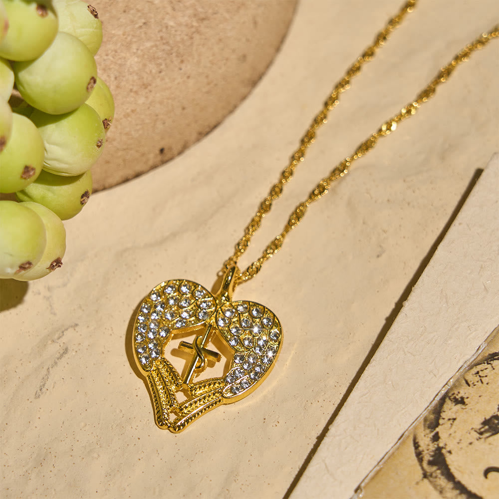 Zircon-Encrusted Heart Cross Necklace with Angel Wings: A Symbol of Divine Love & Grace