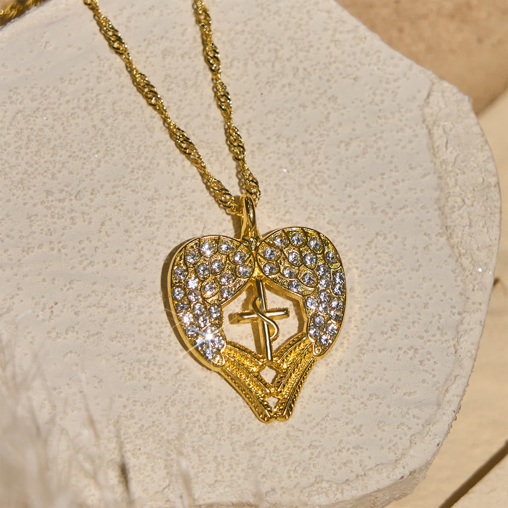 Zircon-Encrusted Heart Cross Necklace with Angel Wings: A Symbol of Divine Love & Grace