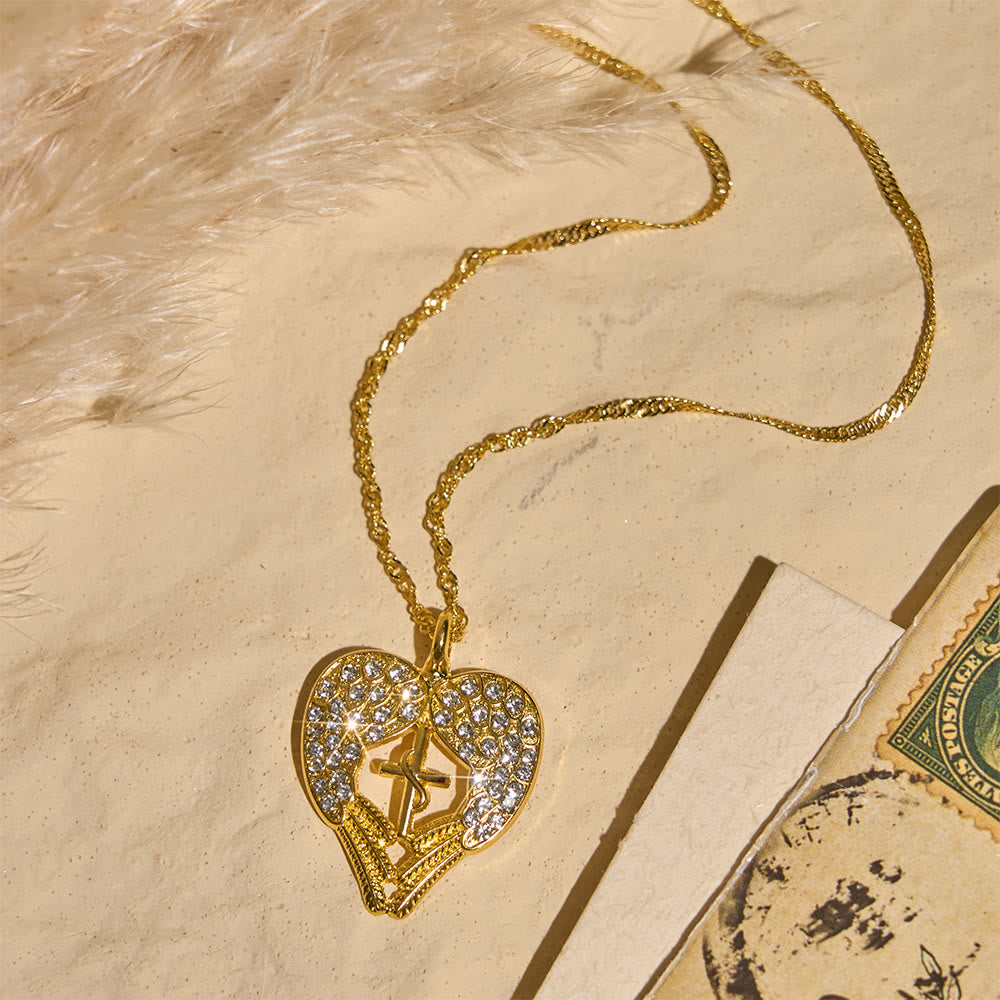 Zircon-Encrusted Heart Cross Necklace with Angel Wings: A Symbol of Divine Love & Grace