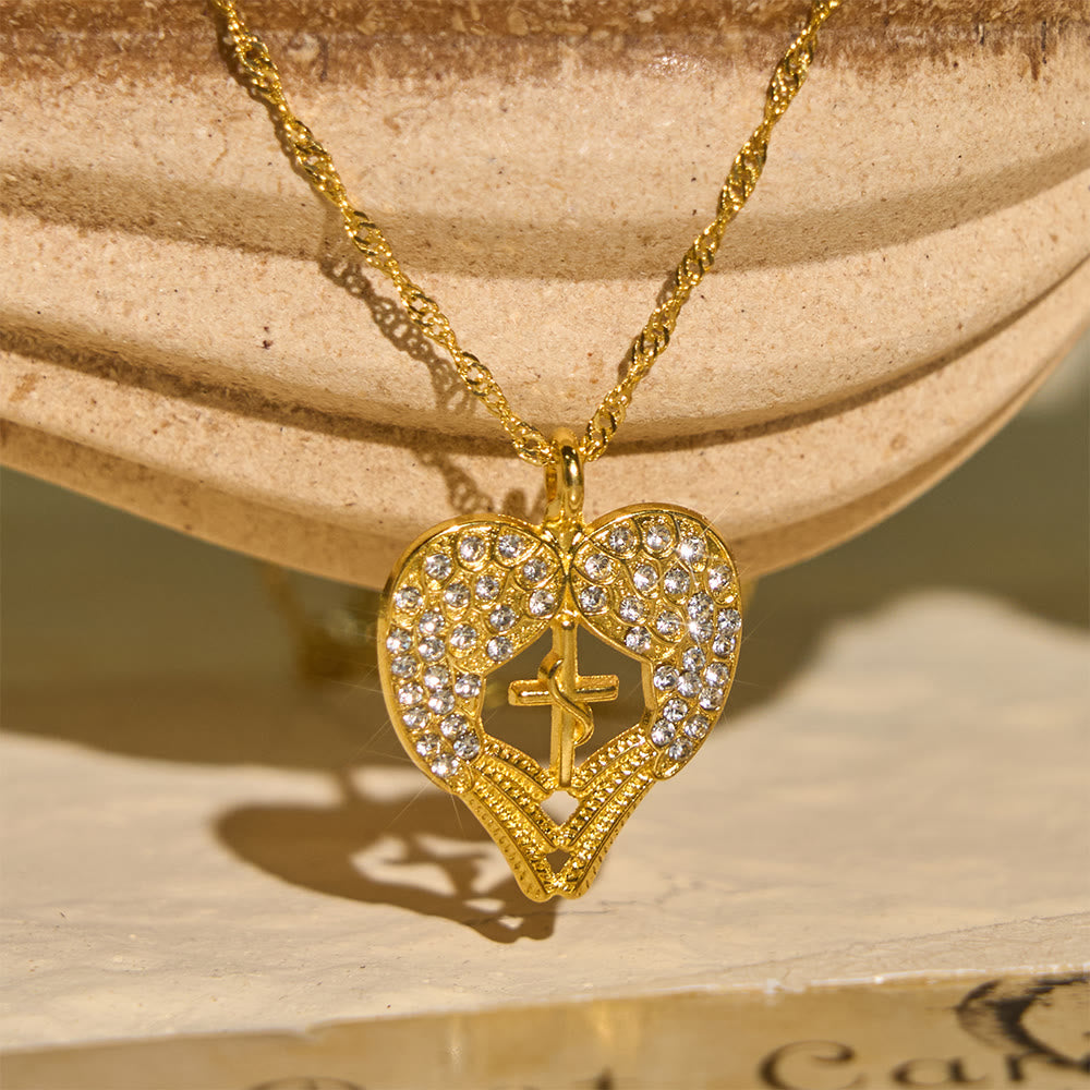 Zircon-Encrusted Heart Cross Necklace with Angel Wings: A Symbol of Divine Love & Grace