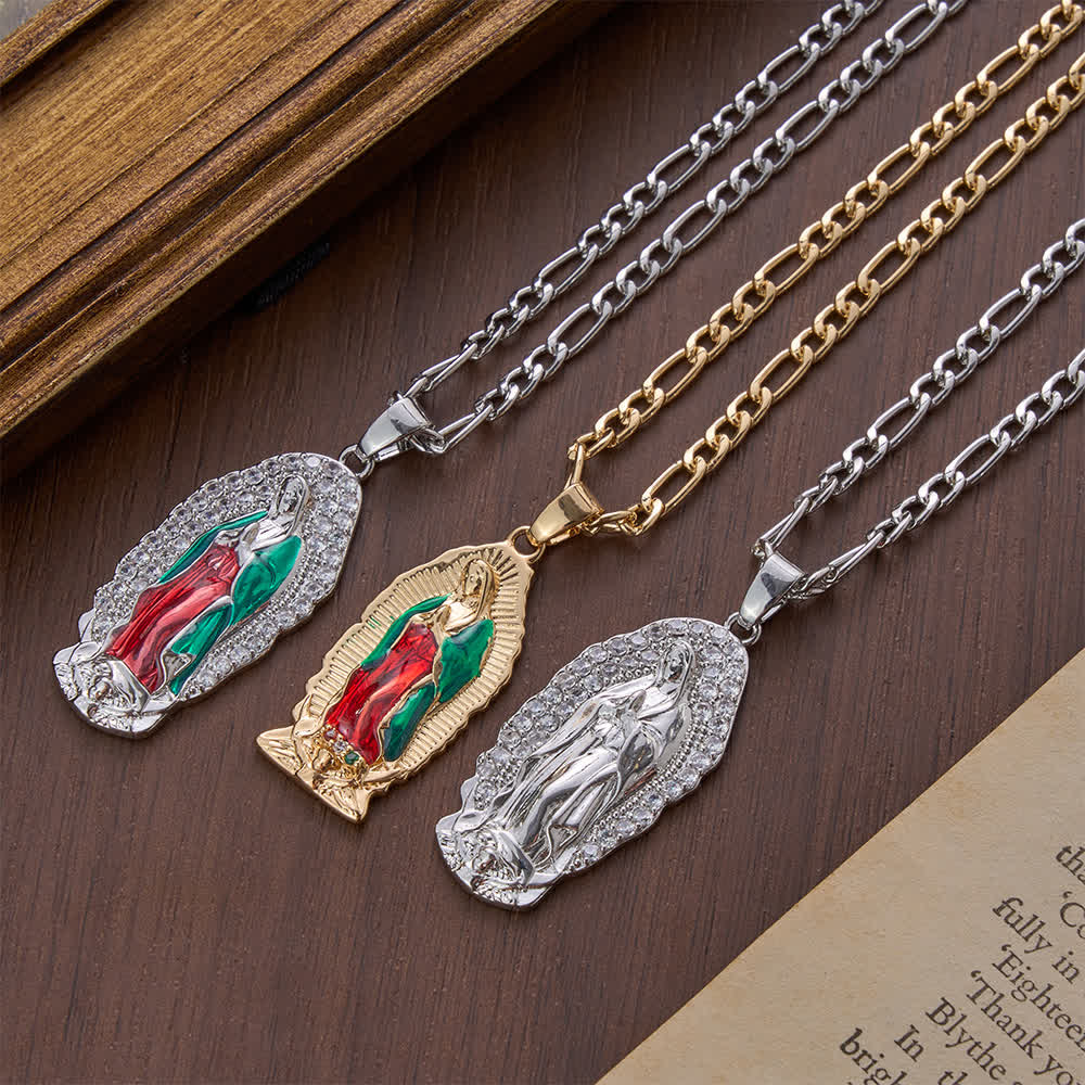 Elegant Sunburst Border Enamel Virgin Guadalupe Pendant Chunky Figaro Chain