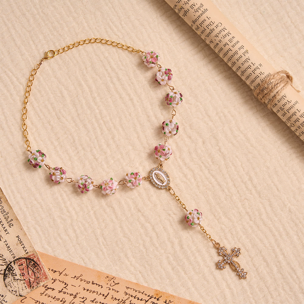 Ornate Jeweled Gold Cross Floral Glass Car Rosary: Token of Heavenly Travel Protection