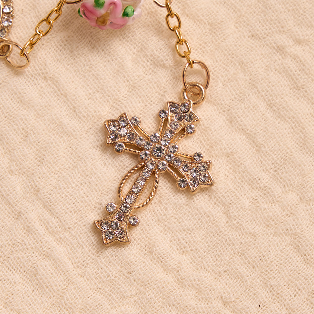 Ornate Jeweled Gold Cross Floral Glass Car Rosary: Token of Heavenly Travel Protection