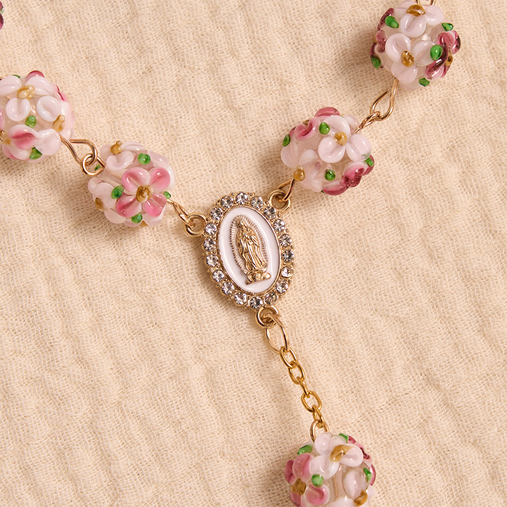 Ornate Jeweled Gold Cross Floral Glass Car Rosary: Token of Heavenly Travel Protection