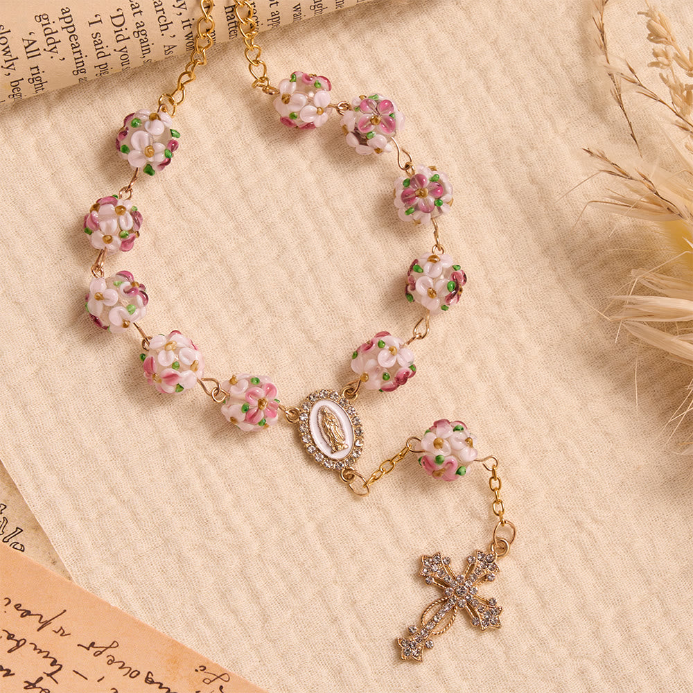 Ornate Jeweled Gold Cross Floral Glass Car Rosary: Token of Heavenly Travel Protection