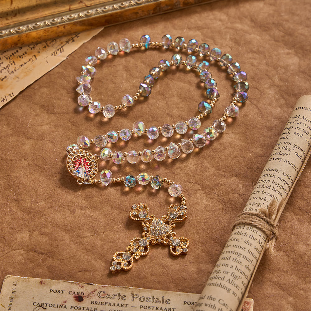 Gradient Iridescent Teardrop Glass Rosary With Jeweled Gilded Cross & Our Lady of Aparecida Medallion