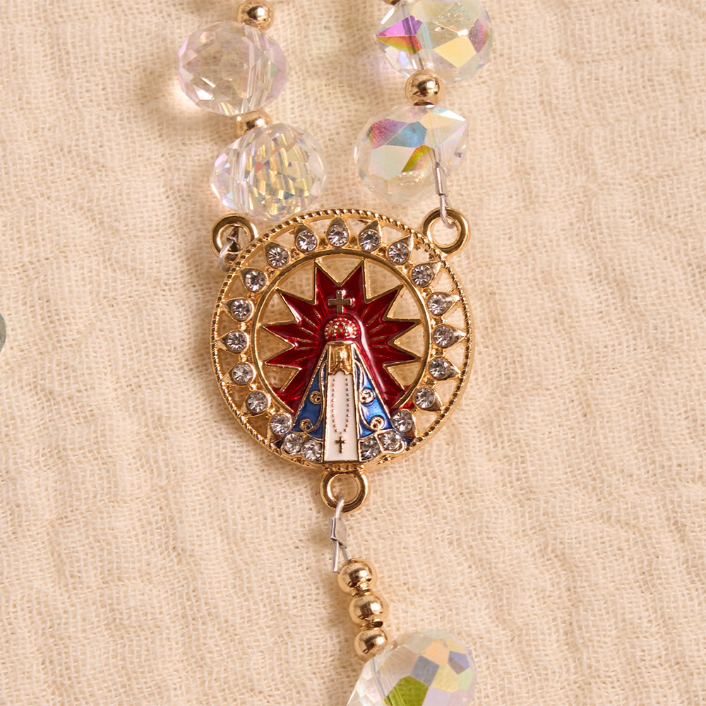 Gradient Iridescent Teardrop Glass Rosary With Jeweled Gilded Cross & Our Lady of Aparecida Medallion
