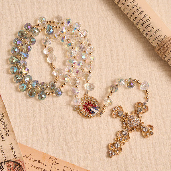 Gradient Iridescent Teardrop Glass Rosary With Jeweled Gilded Cross & Our Lady of Aparecida Medallion