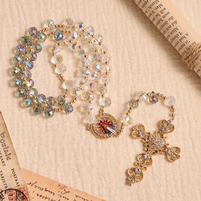 Gradient Iridescent Teardrop Glass Rosary With Jeweled Gilded Cross & Our Lady of Aparecida Medallion