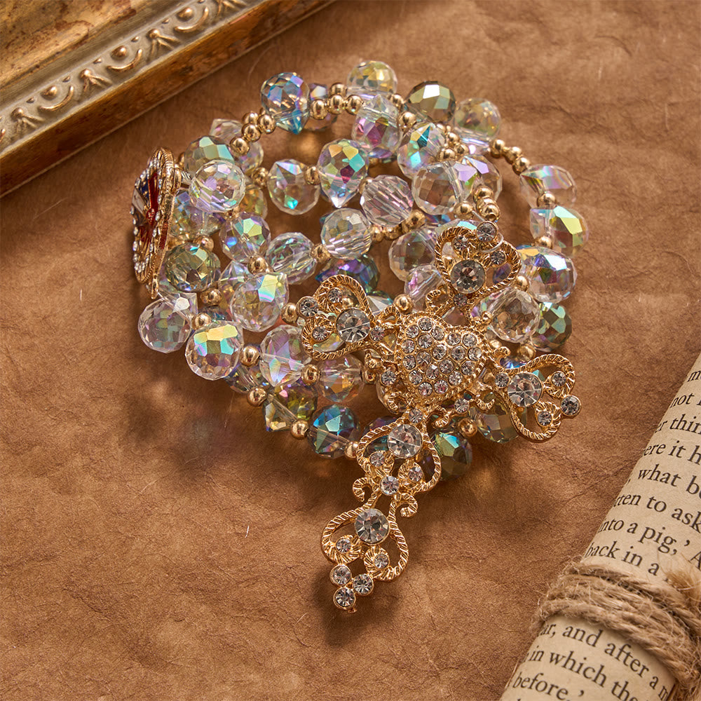 Gradient Iridescent Teardrop Glass Rosary With Jeweled Gilded Cross & Our Lady of Aparecida Medallion