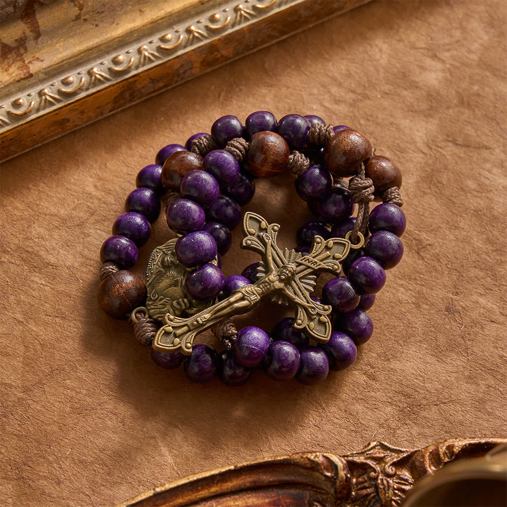 Purple Wooden Rosary With Bronze Crucifix & Embossed Holy Family Medallion