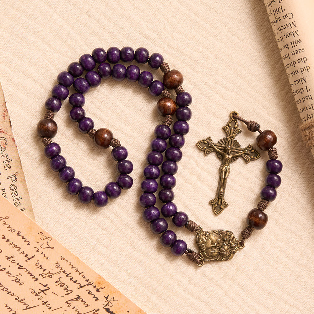 Purple Wooden Rosary With Bronze Crucifix & Embossed Holy Family Medallion