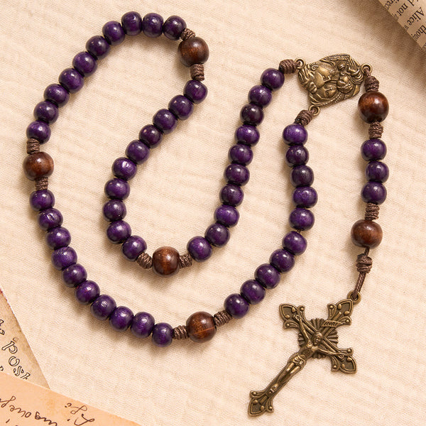 Purple Wooden Rosary With Bronze Crucifix & Embossed Holy Family Medallion